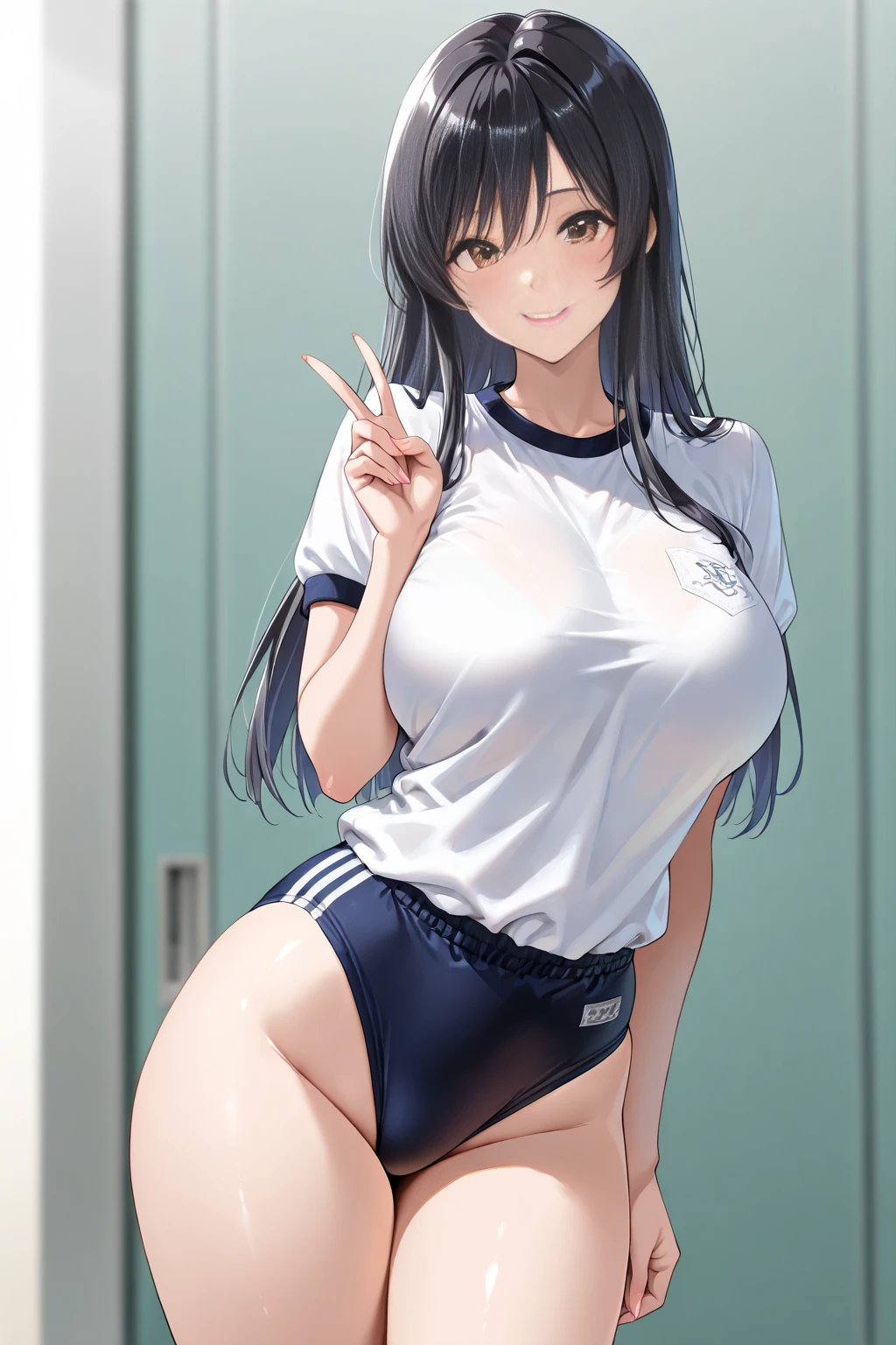 Altamente detallado, alta calidad, obra maestra, Nagatoro, ((small breasts)), Gymnasium warehouse, uniforme de gimnasio, tetas desnudas, semidesnudo, caderas grandes, small waist, perfecto