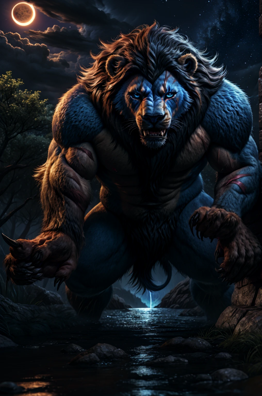 A burly, virile, and hairy werewolf with distinct wolf ears and a bushy tail, standing tall and proud against a full moonlit sky. His fur is thick and majestic, framing a powerful physique that is overmuscular and musclebound to the extreme. His broad shoulders and massive chest are accentuated by a thick mane of fur that cascades down his torso, while his overly thick arms and legs are covered in a lush, dark fur. The werewolf's body is a hulking figure, swelling with swollen muscles, veins bulging against his skin. His face is dominated by a long, bushy beard and a thick mustache, and his hair, which is beginning to grey with age, only serves to add to his rugged and imposing appearance. He is dressed in a traditional fundoshi, a Japanese loincloth, which struggles to contain his immense size and bulk. The werewolf's eyes glow a chilling shade of amber, reflecting the power and ferocity that simmers just beneath the surface of his burly exterior.