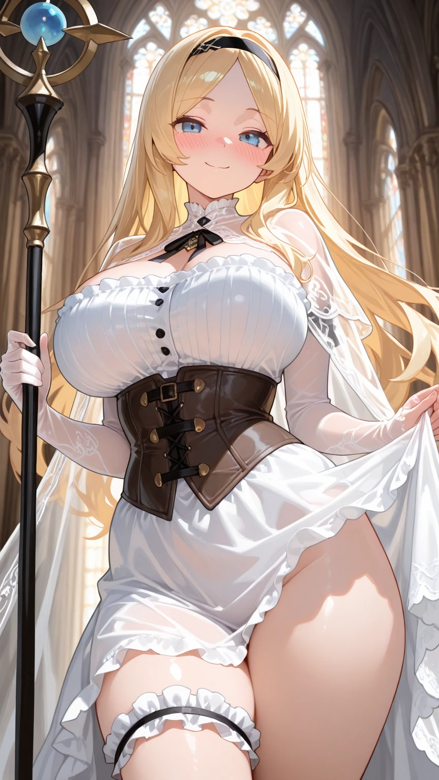 A woman with big ,Beautiful princess,A devout believer,Long blond hair,Exquisite,((transparent)),Nightdress,Cleavage,Slim waist,pubic,blush,cathedral
