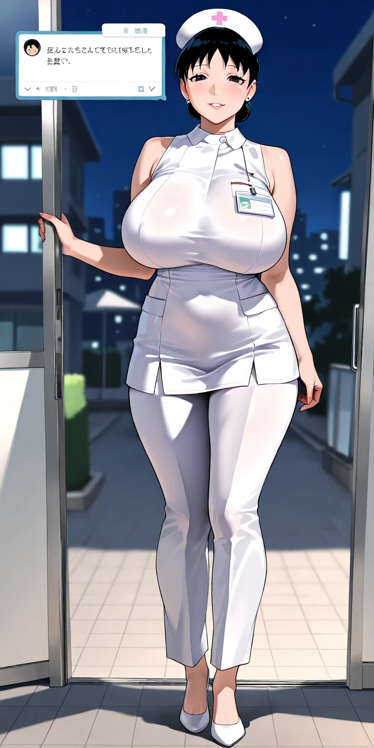 1girl, nurse, black hair, very short hair, white clothes, yellow eyes, large breasts, thick thighs, pixie cut, cleavage, light smile, wide hips, full body, ((full body)), standing