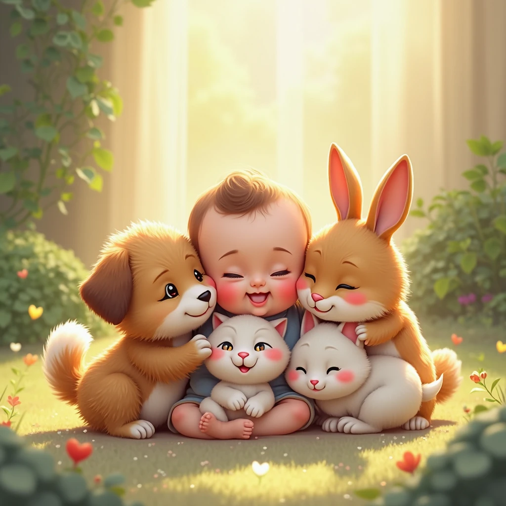 Four animal boys dressed in，3 boys and 1 girl rabbit snuggling together