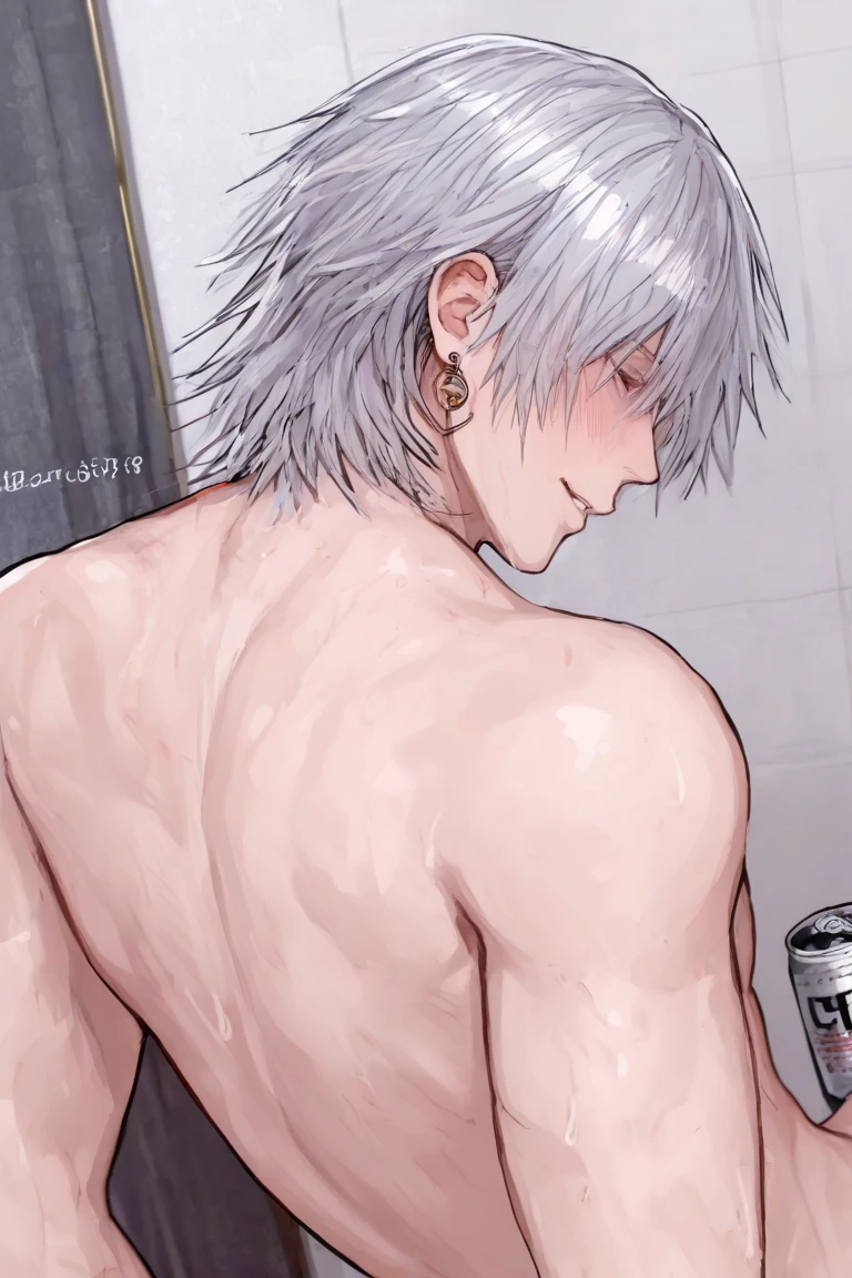 absurdres, highres, ultra detailed, HDR, master piece, best quality, extremely detailed, Gojou Satoru, white hair, expressive blue eyes, white eyelashes, Jujutsu Kaisen, solo, sexy man, handsome, horny, sensual, lewd, wearing only a apron, kitchen, leaning against the kitchen counter, from behind, big ass, without shirt, without pants, Nu Carnival