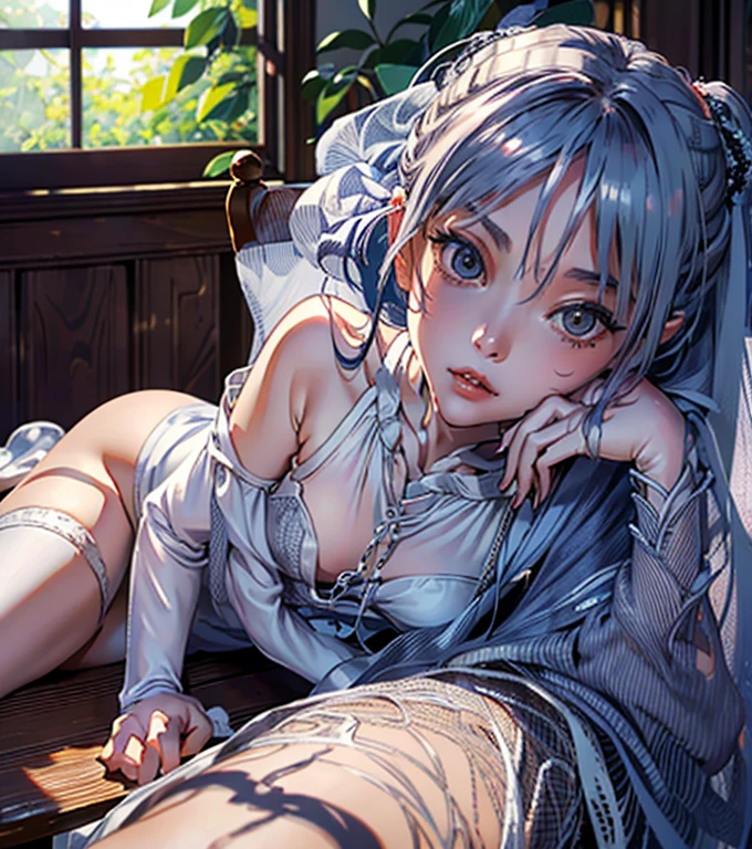 Very detailed(eye:1.7),highest quality、Best image quality、On the bed、Beautiful cleavage、Disheveled clothes、thin、Humiliated face、Dog Pose、Very detailed、Small breasts、Light Particles 0.5、Moist eyes、Wet body、Lick、Open your mouth、Sticking out tongue、Dripping cloudy saliva、Small face、Russian peasant clothing、Gray Hair、Up ponytail