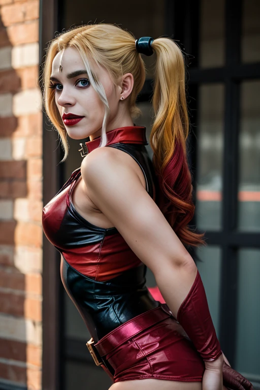 (masterpiece), Cinematographic film, full length of one beautiful and sexy young Harley Quinn, Very thin, (perfect face), (detailed facial features), seductive look, (amazing body), (in a bodysuit), old abandoned warehouse shallow depth of field, (detailed), Filmed on a Kodak box camera, cameltoe