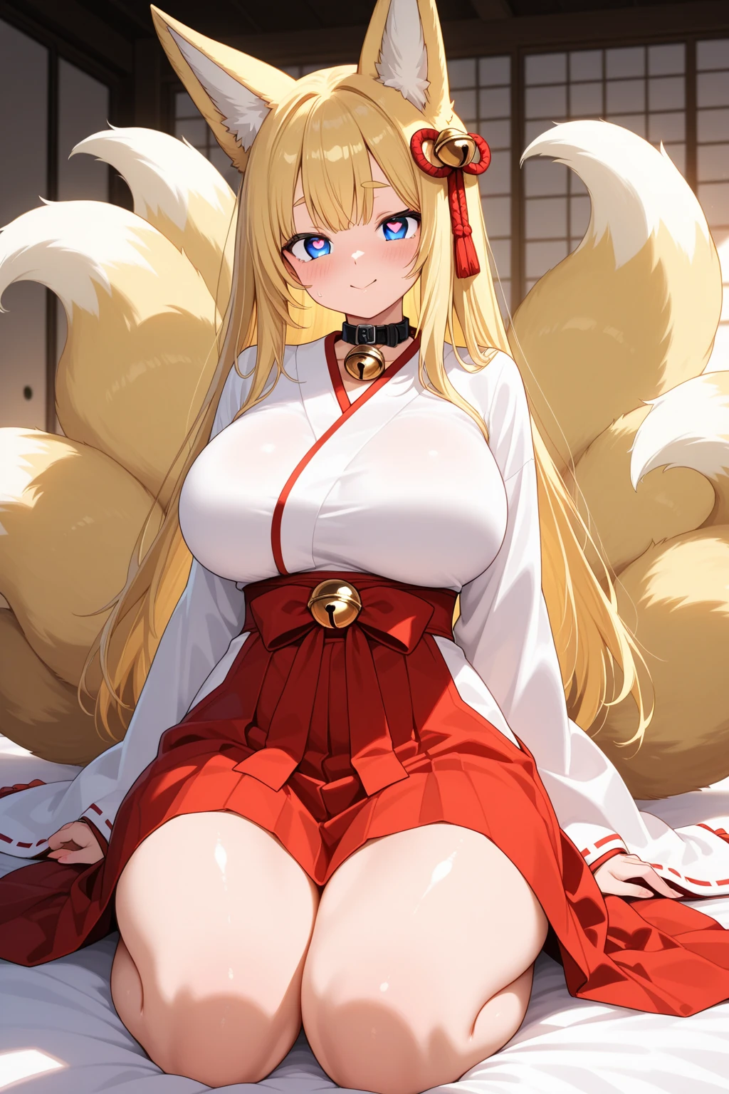 Fox furry human Super big breasts shrine , Shrine maiden costume , sitting upright Active personality Leg spread ,absurdres,hires,ultra detailed Always with eyes closed The body of an elementary school student except for the chest Add fox features to the face sex