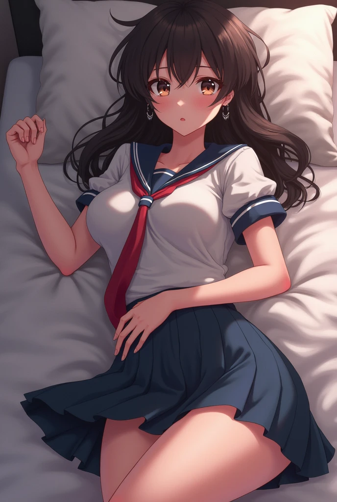 (8k, best quality, tmasterpiece:1.2),\(eye detailed\),\(Facial features\),(\(Clothes detail details\)\),(1 girl:1.3),17 years old,solo,full body,long wave hair,black hair,shiny hair,(eyes closed:1.3),(/sleeping girl:1.4)/,closed the mouth.(the girl is sleeping in the bed:1.5),huge breasts,breasts sagging,wearing school uniform,dark blue shirt ,(dark blue mini skirt:1.3),(faintly visible cute pink underwear:1.1).(bed is the hospital stretcher bed),(the background is School medical room),(Large font front sleeping position:1.36),Relaxed expression, (she fell into a deep sleep and closed her eyes:1.3)