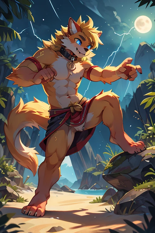 gray wolf、Completely nakedのオオカミ、silver mane、Body hair all over the body、flame pubic hair、flame navel hair、flaming armpit hair、blue and dark blue eyes、huge bulge in the crotch、Crotch about to burst、destroyed laboratory background、Kicking pose、Pose with one arm raised、Composition looking up from diagonally below、Completely naked、soaking wet、very large amount of white slime、angry look、thigh scar、thick tongue、