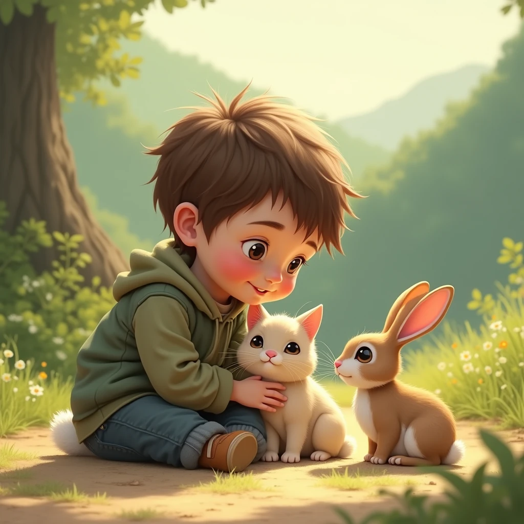 2. **Image 2** Kid Hasan is kneeling beside the rabbit, offering it water from his bottle. The rabbit looks relieved, and Hasan has a caring expression as he starts to bandage the rabbit's injured paw with his handkerchief.