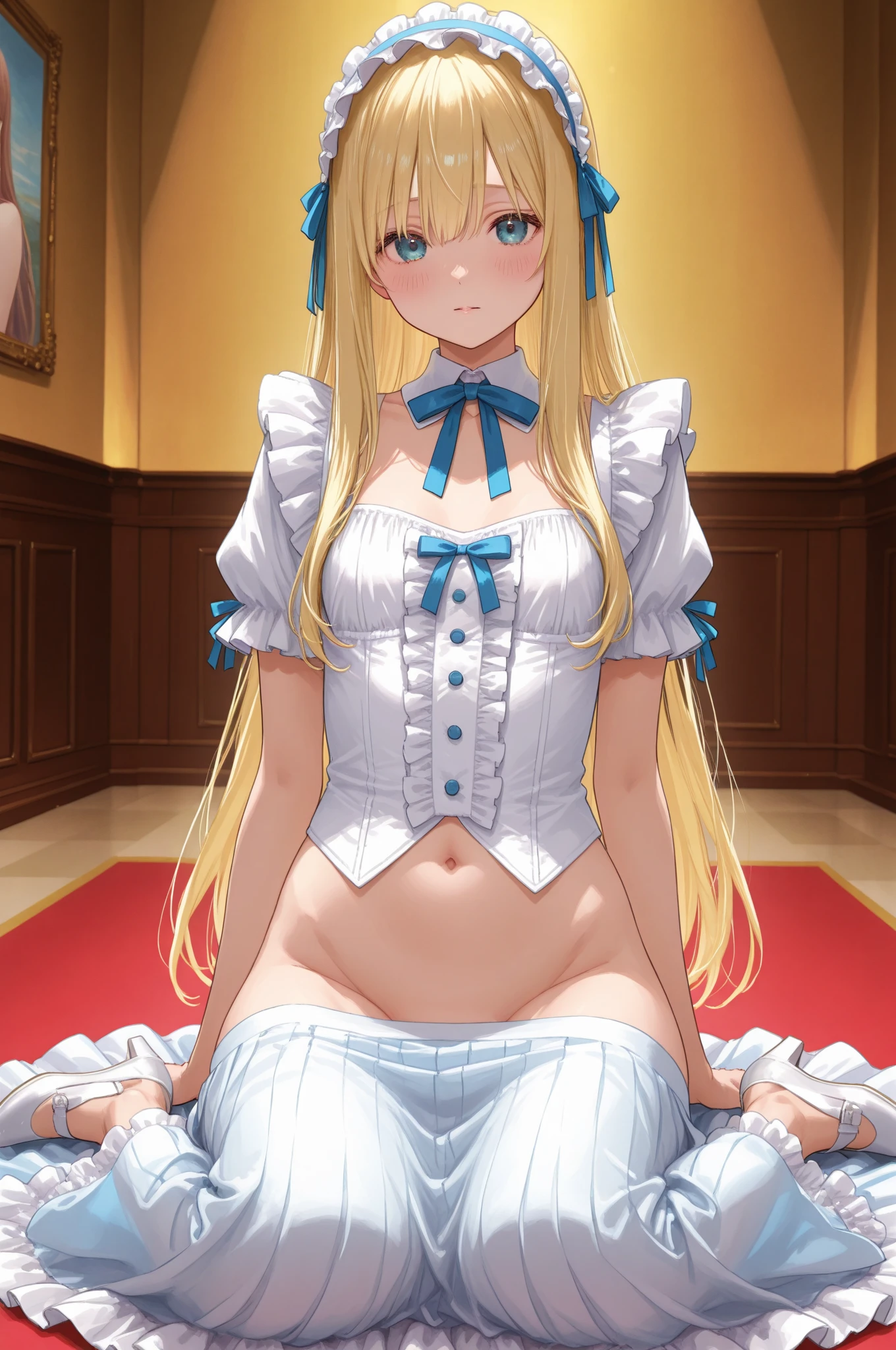 ((highest quality、High resolution、masterpiece))、(((2girls))), Portrait、((10Year old beautiful girl))、Perfect body、Beautiful breasts、Nipples、Long blonde、Maid、No panties、Embarrassed、((Girl shows pussy))、Love juice