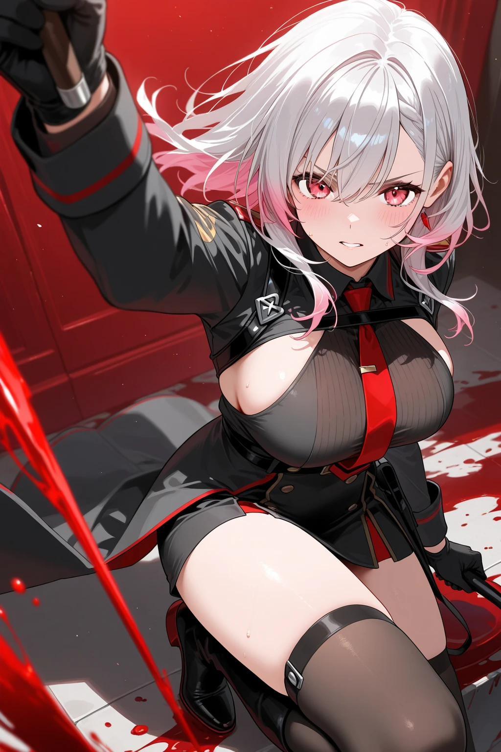 Pozemka(Arknights),pink hair,animal ears,curvy body,wearing original clothes(torn off), big breast,big thighs, covered in blood, fatally injured,bruised body,bruised face,gore,pitch black background,no light effect,very nsfw, uncensored.