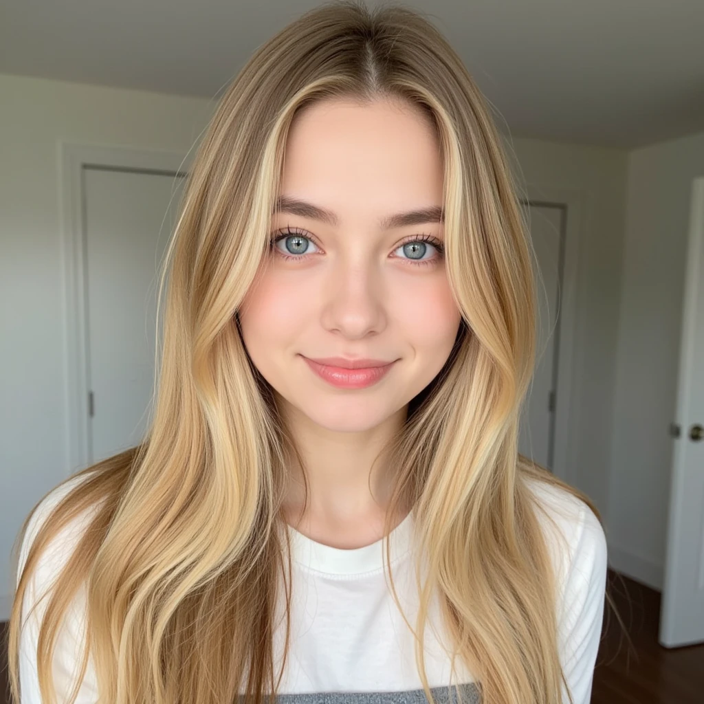 A 19-year-old blonde girl with warm brown eyes, ((hyperrealistic)), ((true to life)), hair with golden highlights cascading down her back in loose waves, ((really long hair)), ((high quality)), selfie taken in a sunlit room, wearing a simple yet elegantly fitted white blouse and dark denim jeans, ((front view)), ((iPhone selfie)), a soft smile playing on her lips, ((beautiful)), ((sweet and innocent)), ((No explicit content)), titled "A Moment of Happiness," ((cinematic)), ((dramatic)), ((highest quality: 1.5)), ((photorealistic: 1.