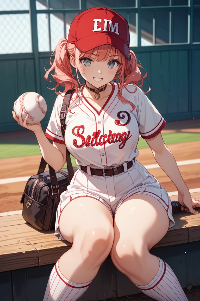 (8K, top-quality, masterpiece:1.2), (reallistic, Photorealsitic:1.37), Super Detail, One girl,), (Highly detailed), (beautifully detailed eyes), (of the highest quality), (super detailed ), (masterpiece), (Detailed face),20yr old, ,1 girl, ((pink hair,long hair)), medium breasts, clothed, Perfect Lighting, BREAK, (glossy baseball uniform:1.5), royal blue, red stripes, (short sleeve top:1.2), V-neck, white trim, (baseball gloves:1.1), choker, diamond stud earrings, (satiny fabric:1.2), linen, (high waist shorts:1.1), red sports socks, baseball spikes, BRAKE, (bust up photo:1.2), long pink hair, wavy, (voluminous hair:1.1), cute expression, slightly open mouth, tilted head, (sexy:1.2), face turned slightly, chest touching pose, hands on chest, one leg forward, (baseball stadium lights:1.1), brown and green background, spotlight effect, (shadowy:1.1), BRAKE (sweat:1.5), (steam:1.2), (masturbation:1.2), (girl trembling with sexual climax:1.1), (looking at viewer:1.3), (open mouth:1.2), (NSFW:1.3)