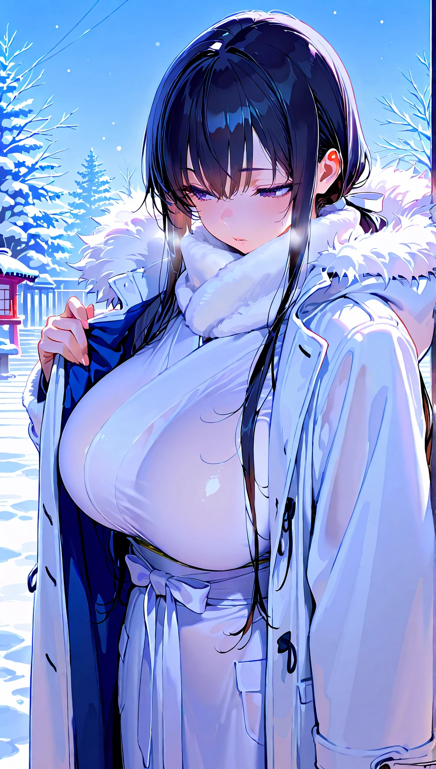 Amazing Chitanda, There is only one beautiful girl,Purple Eyes, Black Hair, Very red face,Very white skin,Glowing skin,Naturally straight hair, Straight bangs,Extremely refined,Open lips,Long flowing hair,Beautiful Girl, Like a dream,Slim,Soft, (Sensual), (Kawaii), Dream quality,Beautiful big breasts,Wearing heavy winter clothing,In the snowy mountains,Snow,Skirt lift,Transparent clothes,no pants,Showing breasts,Show your thighs,Showing collarbone,Show your neck,Exposing the groin,Show your belly button,No pants,extremely shy,Ultra-high resolution, (masterpiece:1.2, best quality), (Delicate and beautiful eyes: 1.2), (Beautiful and delicate face)