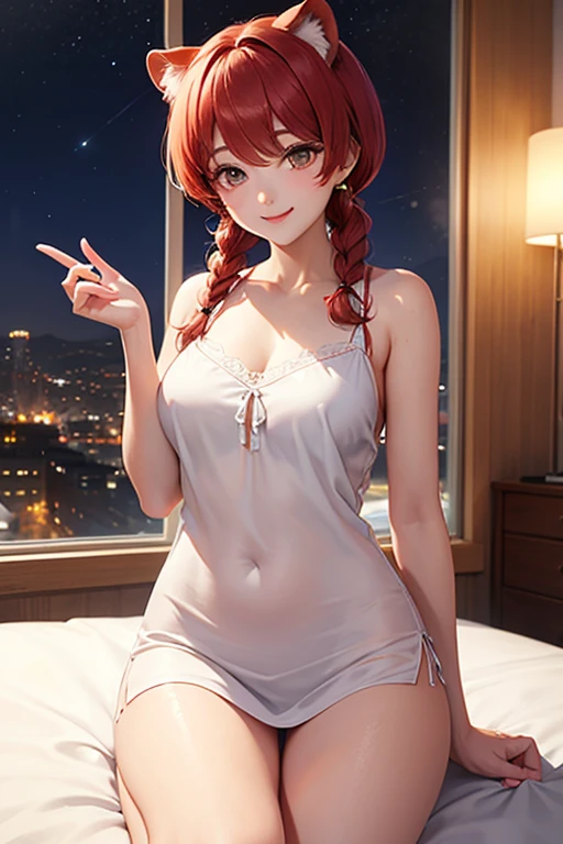 Ultra-high resolution,masterpiece, Attention to detail, highest quality, 4K,Silver braided short bob,Red hair twintails,heavy chest,Captivating body、Ultra-detailed skin、Beautiful eyes、Detailed Background,bedroom,I can see the moon from the window、Night Sky、Lying in bed,One girl、looking at the camera、smile、Looking at this、(Lying on one's side)、pillow
