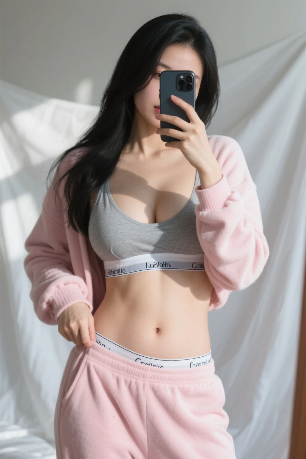 masterpiece, photorealistic, cute girl, mall, crowded, highleg, panties, pink laced, crochet sweater, black hair detailed, high quality
