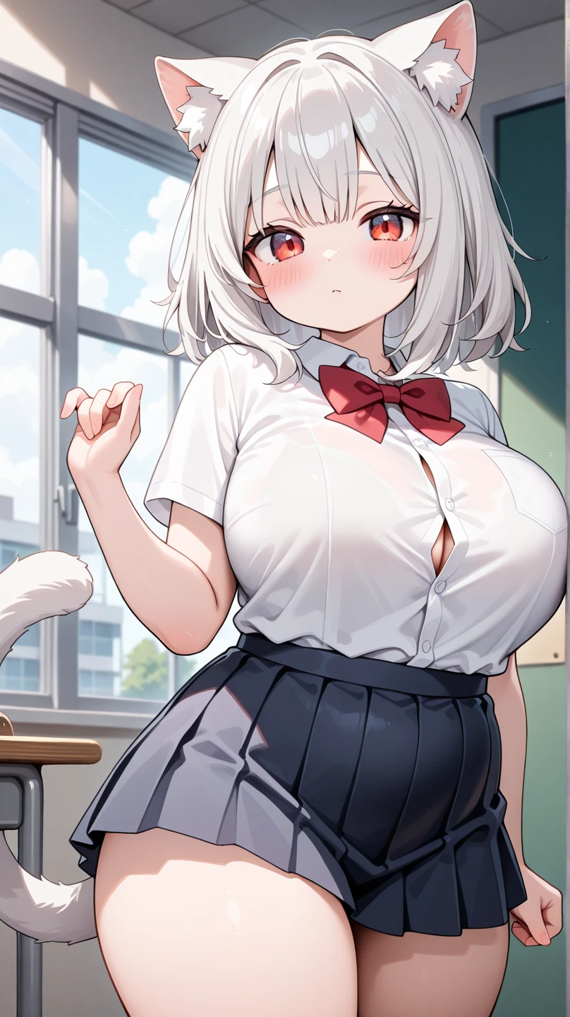 big, wide waist, look at the viewer, smile, white shirt, see-through, red eyes, silver hair, tuck shirt, outdoor, school, masterpiece,1 girl,solo,sila school,big, light smile, outdoors,garden,spring,black_pantyhose,masterpiece, best quality, sfw, cute wolf girl, girl, silver hair, big, red eyes, wolf ears,from behind,look at the viewer, SFW, Girl, Wolf Tail,Night, Wind, Turning, Depth of Field,