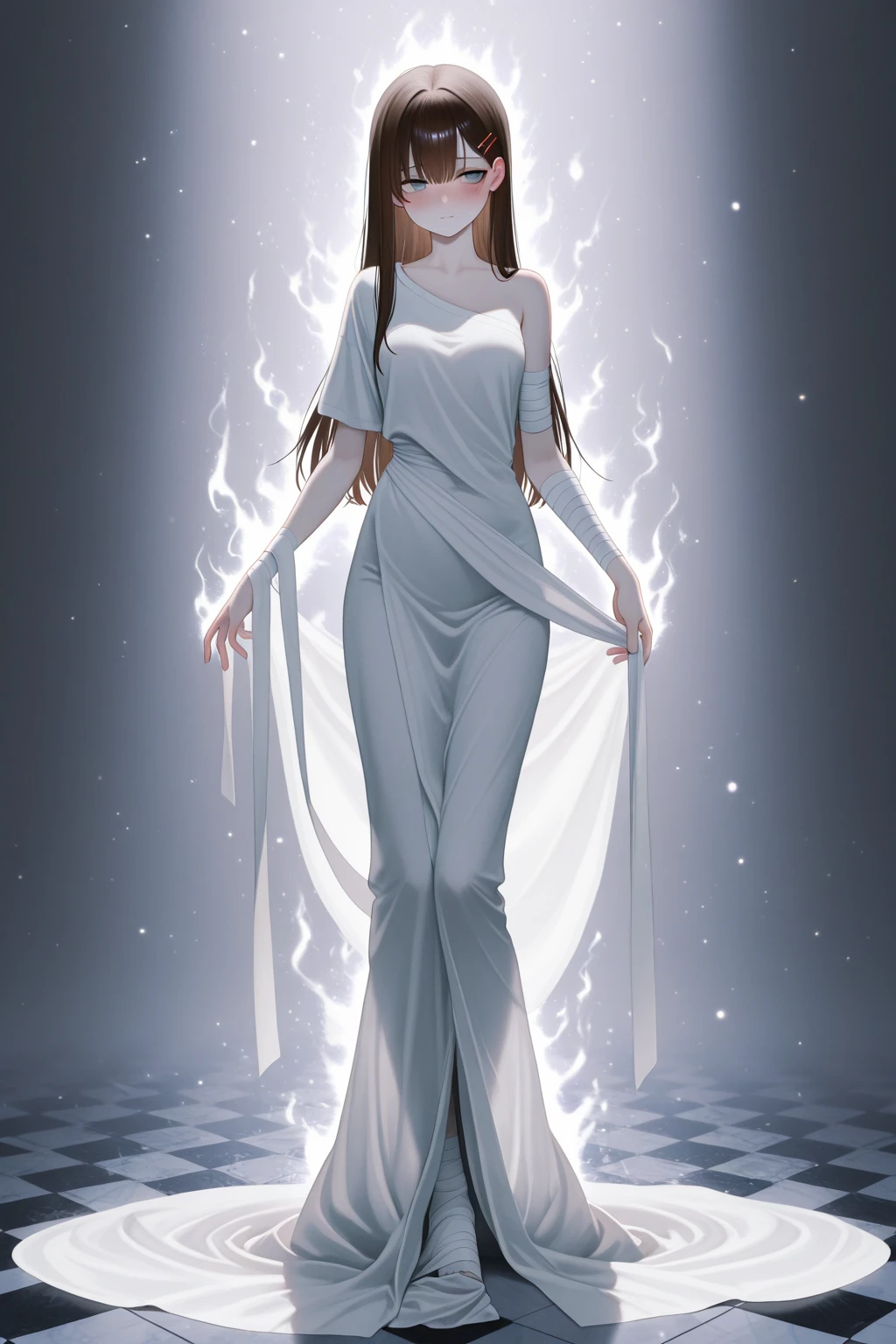 masterpiece, (photorealistic:1.5), Realistic eyes, beautiful woman, Best quality, beautiful lighting, professional lighting, photon mapping, radiation, physically based rendering,, kamado nezuko, 1 girl, black hair, forehead, hair лента, short clothes, stockings, long hair, dark blond hair, green eyes, long dress with a slit in the back, long legs, smile, very long hair, sky, ((got old)),, (RAW photo, 8k contract, granularity)