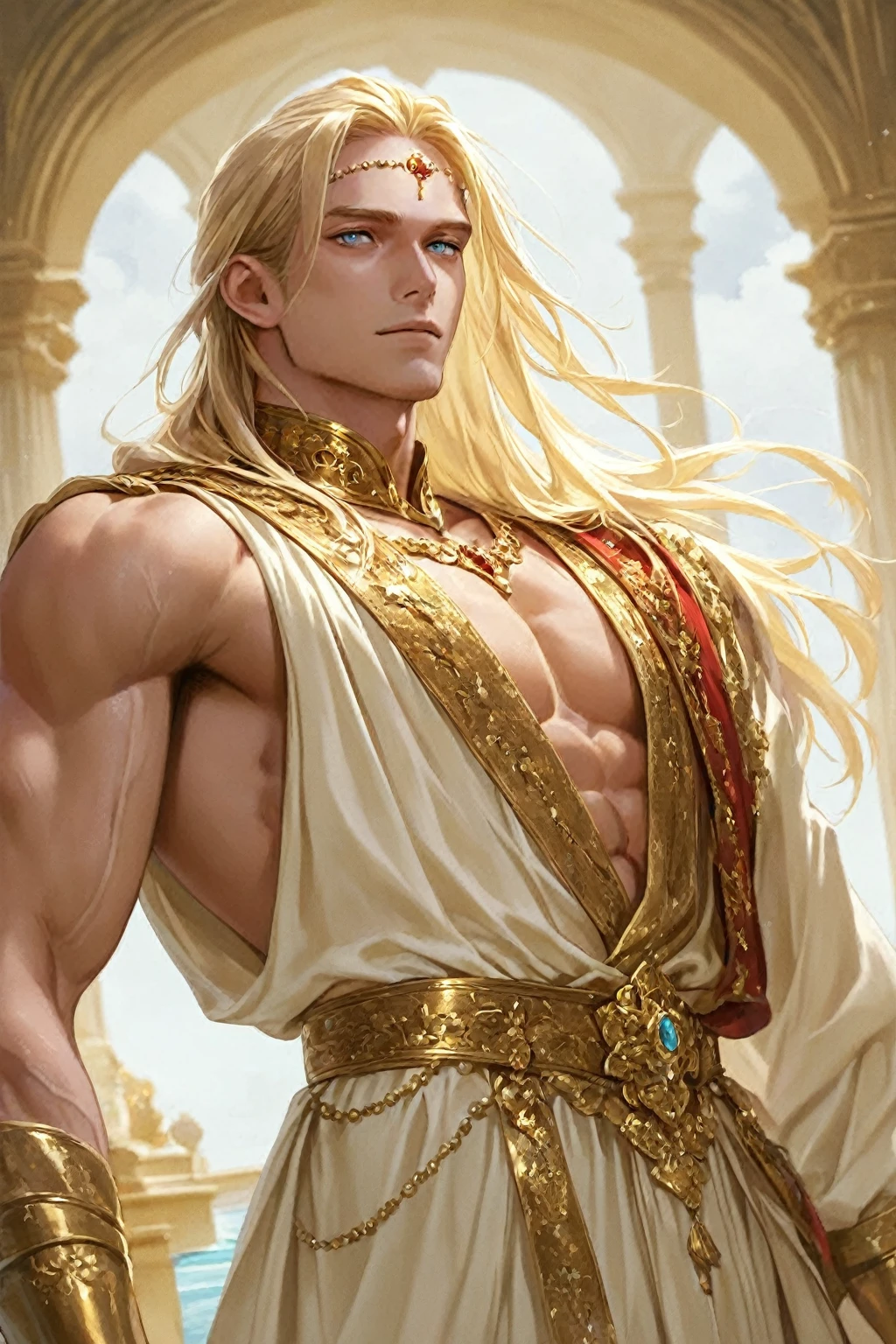 masterpiece, best quality, high resolution, closeup portrait, a male, greek god, fantasy, golden hair, long hair, beautiful figure painting, bright light, amazing composition, front view, HDR, volumetric lighting, ultra quality, elegant, highly detailed, middle age man