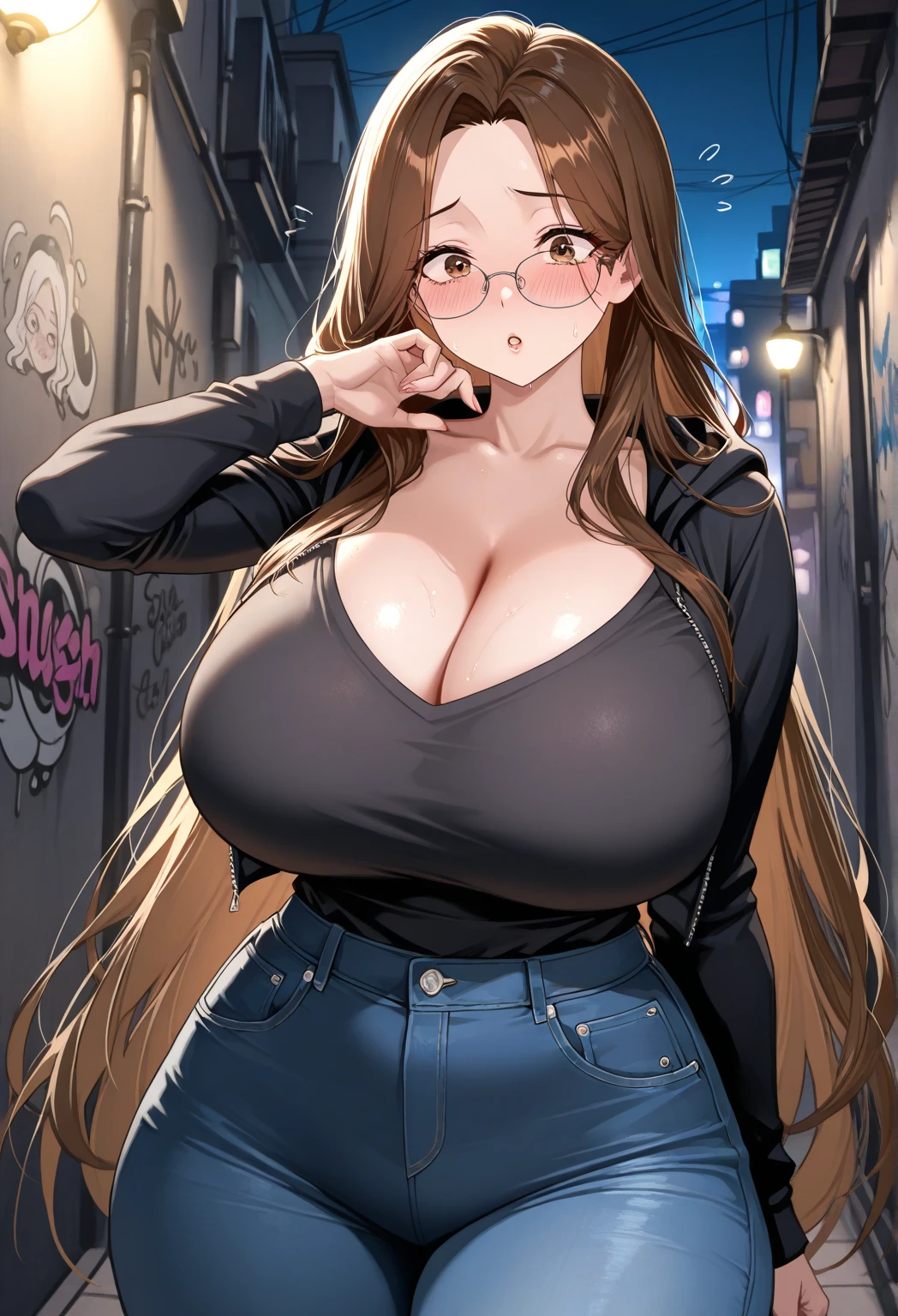 Anime. Young woman. Blind. Big breasts. Jeans. Topic. Jacket. White cane. Walking down the street. Read. Nasal mucus. Cover your nose with your hand. Full body.