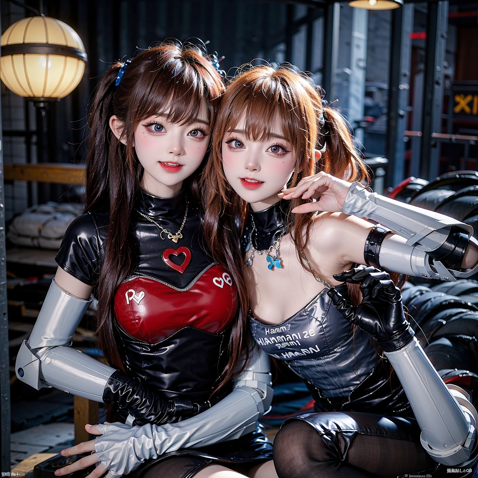((​masterpiece)、(top-quality)、(reallistic))、Dirty pair、Yuri and Kay、latex shiny:1.4、Bondage style、age19、2girls、Super Beauty Duo、Super Ultra Ultra Bikini、Beautiful tattoos:1.4、Sexy Daughter、body piercings:1.7、Colossal tits:1.4、The background is a futuristic night city on the edge of the galaxy、Super Beautiful Duo、Outstanding style、Space Federation Direct Trouble Consultant、Crisp focus:1.5、Slender Abs:1.2、Anatomically correct representation of the human body:1.4、hips up high、A detailed eye、Raw photo、red-lips、Red high heels、a choker、a necklace、耳Nipple Ring、