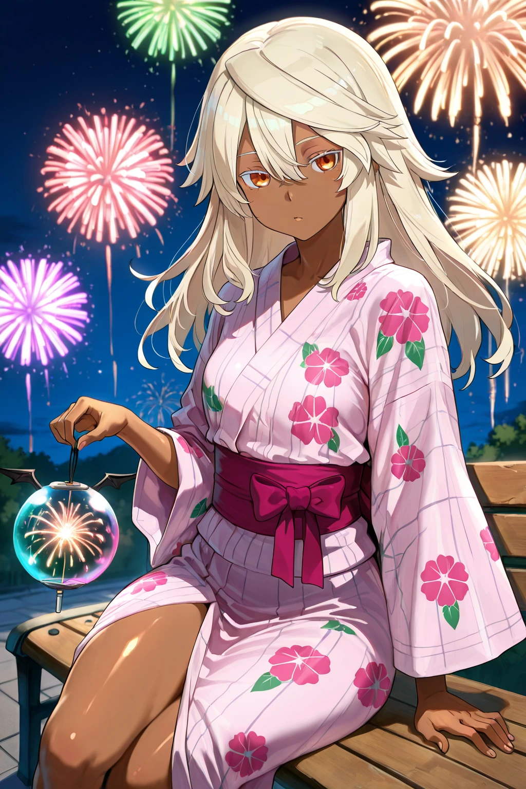 (Heart Shape, many:1.2 fireworks), (dark brown skin, solo:2, 1000 yo, Dreadlocks:1.2 pink hair long hair sexy elf woman, cool gray eyes, glossy lip, small tits), (in a beautiful yukata with double exposure:1.2 of fireworks), BREAK, 16k, beautiful detailed silhouette.