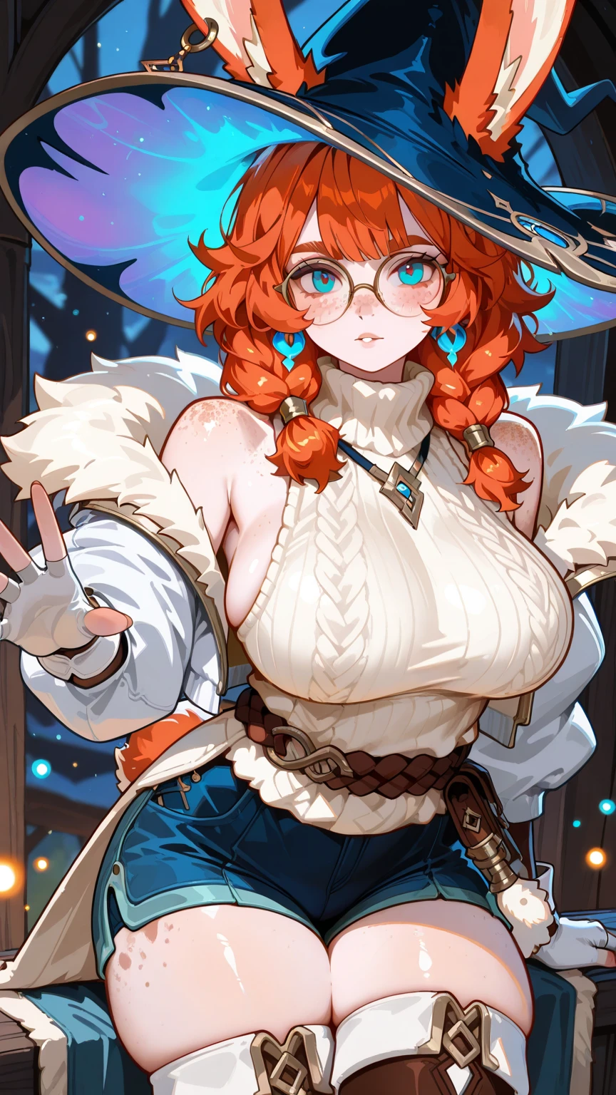 High detailed, 1 girl, fletcher, orange long ponytail, ponytail's ribbon, orange hair, round glasses, purple eyes, mid busty, firm body, genetics uniform , Juliet sleeves, pencil pink skirt, deep cleavage, Juliet sleeves