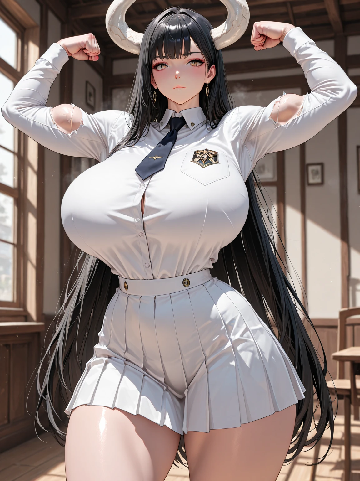 Nerdy girl, thick glasses, messy hair, hyper breasts, wide hips, baggy clothes