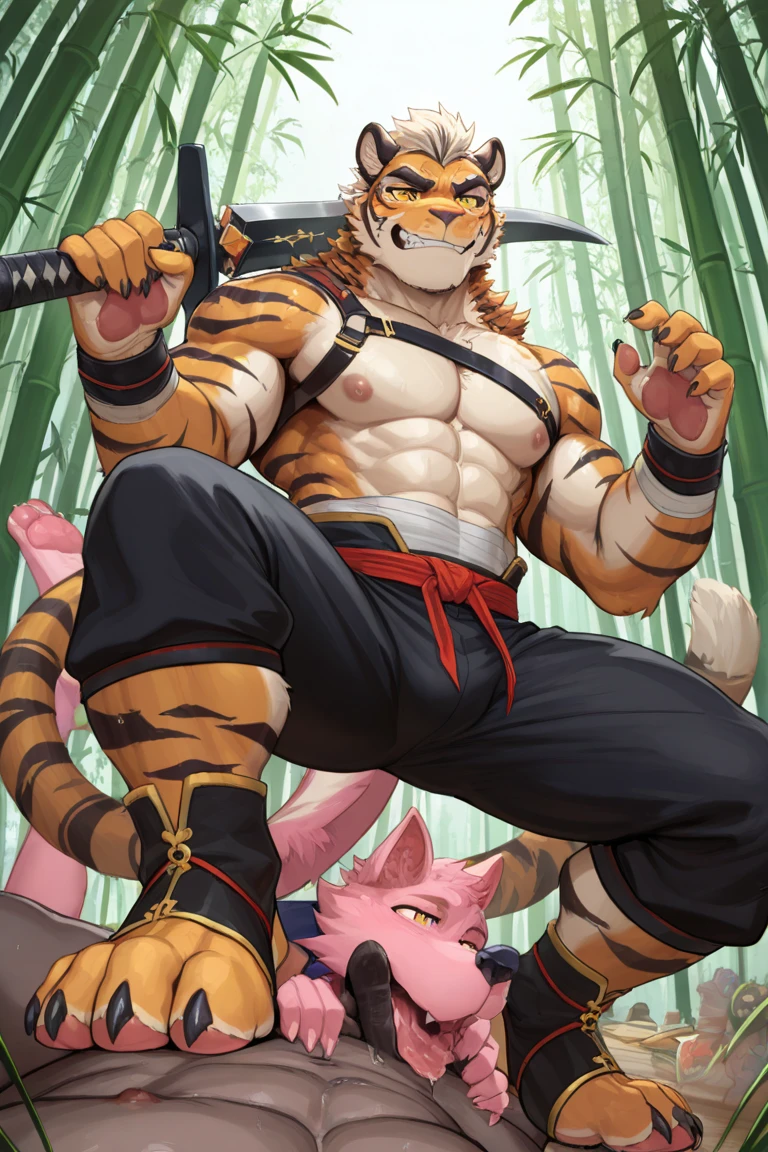 Tiger Orc，（（Martial Arts Style）），（Muscle strength），bamboo hat，，（furry），Obsessed，Crotch protrusion，NSFW
