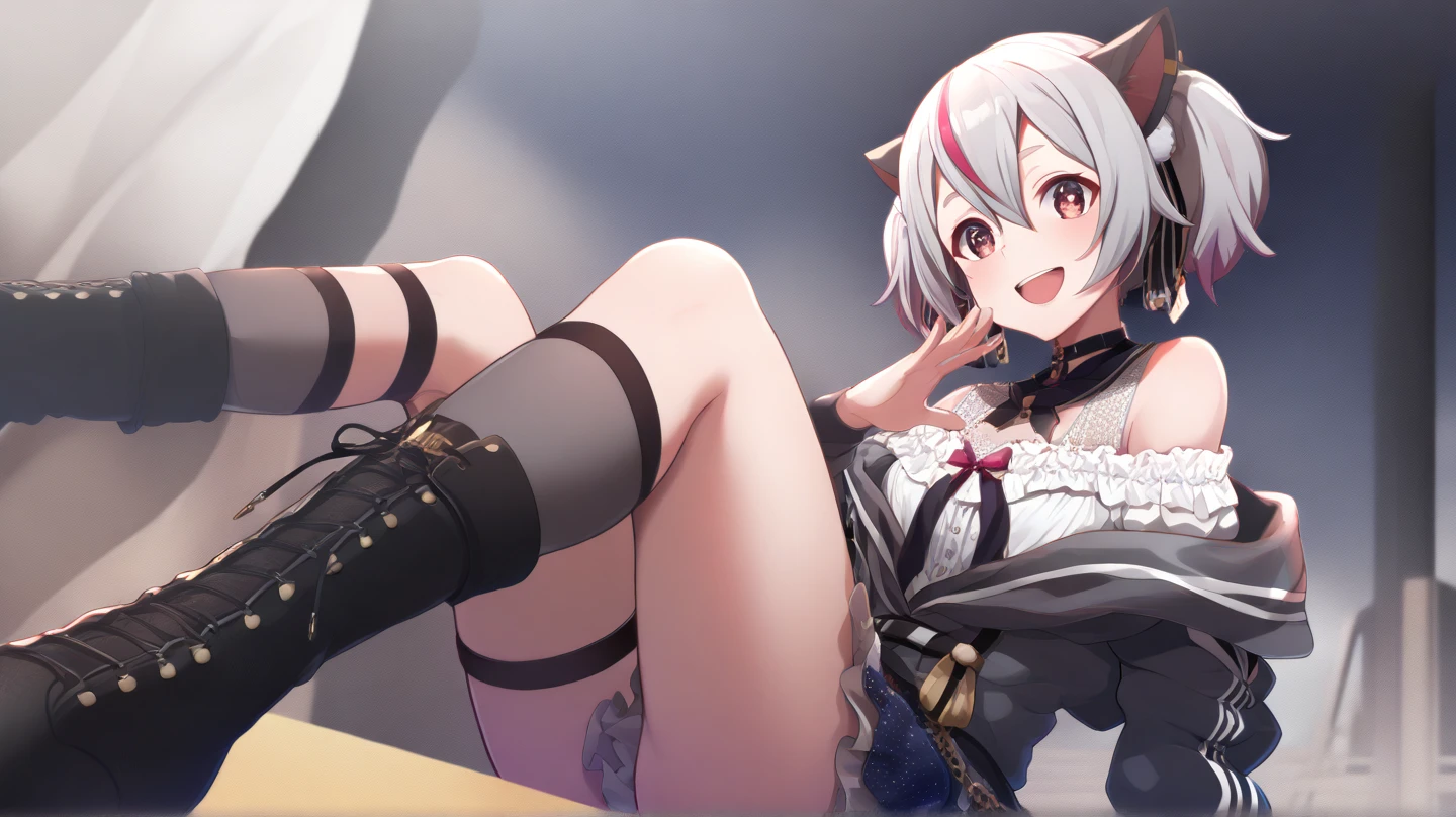 1girl,gym storeroom, Koneko Toujou (DXD), 1girl, white cat ears, (classic uniform), white cat tail, school hallway, red skirt, small breasts, black ribbon,(cosplay\),dangerousbeast,large breasts,wolf girl,elbow gloves,gloves,miyu beast,yellow_theme,