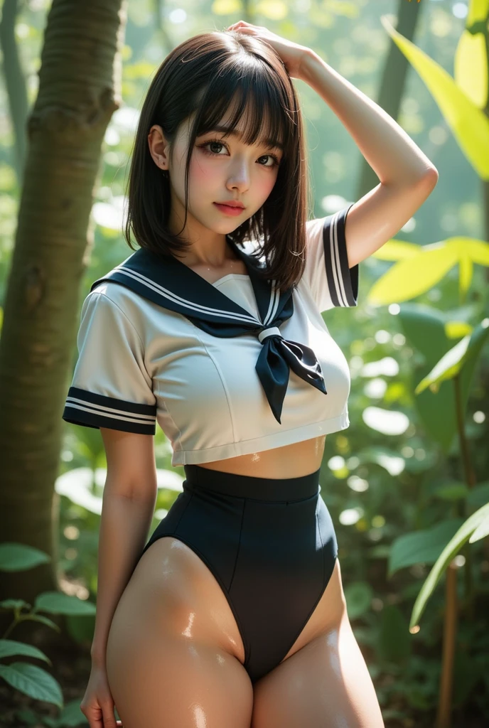 ((masterpiece, best quality, highres, UHD, perfect pixel, depth of field, 4k, RTX, HDR))), 1girl, single, solo, show off cleavage, fashion model posing, beautiful girl, beautiful artstyle, ((Detailed beautiful eyes, beautiful eyelashes, realistic eyes)), ((detailed face)), ((smooth texture, realistic texture, photorealistic)), large breasts, small ass, perfect body, ((cowboy shot)), ((( sheer sailor shirt, Sleeveless, Open front))), (((Navel ))), (((Sheer Micro Mini Skirt))), poolside, Perfect Eyes Eyes