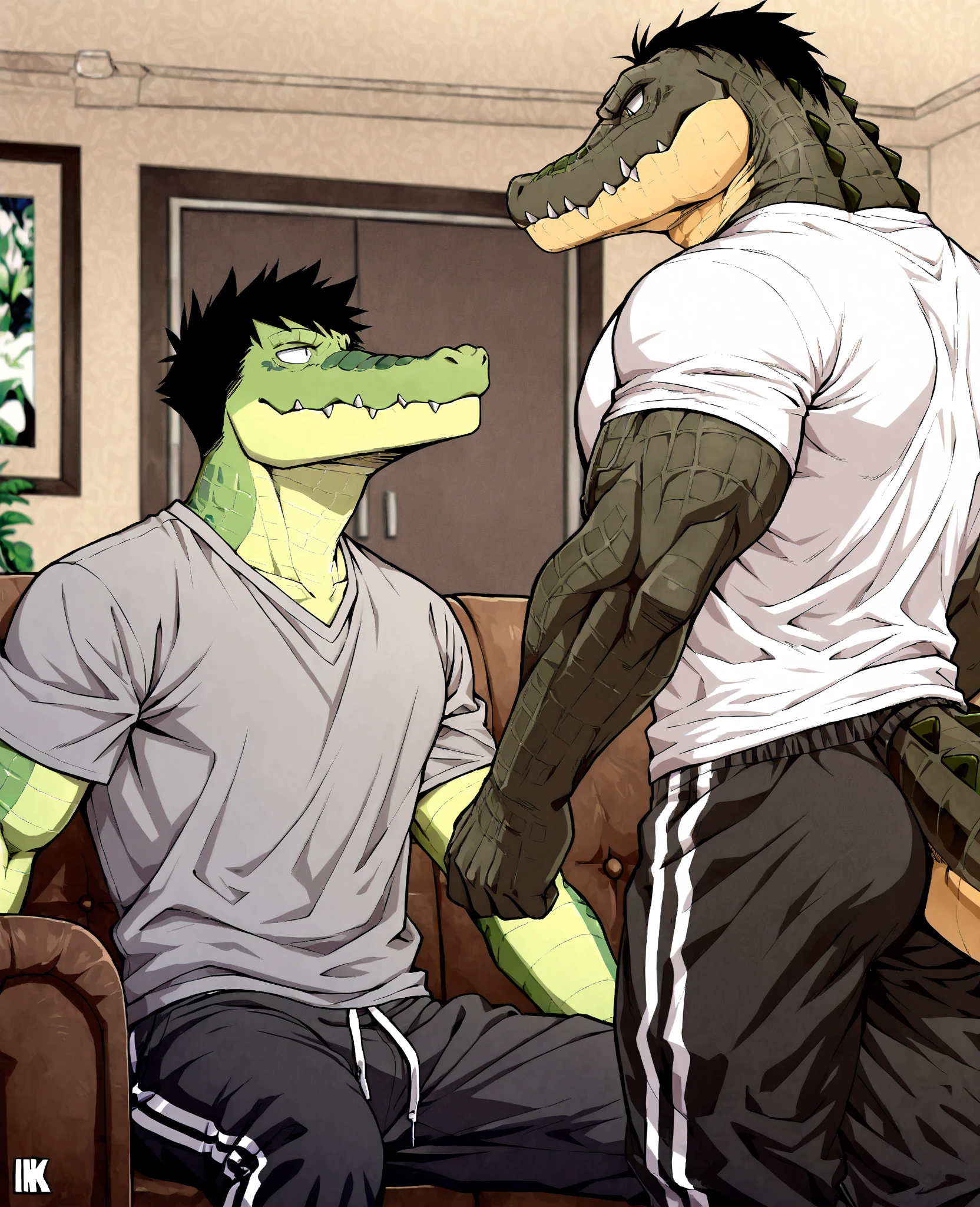 cursedmarked,darkgem, lindong, taran fiddler, zoroj, chunie, anthro,duo, (green crocodile:1.5), scaly ,muscular male, big muscles, big nipples, tongue out, sweat, (???? penetration:1.3), (sitting:1.2), larger male, big penis,humanoid ?????,big balls,?????? piercing, ???? ring, flaccid, excessive ???, red ?????,?????? face,??? on face, deep penetration, (???????????;1.2), (standing:1.3), hand on penis, locker room,detailed background, hi res, (detailed eyes:1.4)
