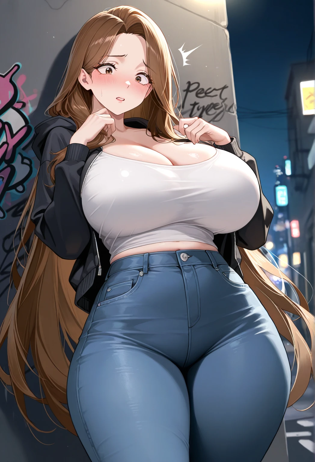 (masterpiece:1.4), (best quality), (detailed), (8k), absurdres, (1girl, solo, looking at viewer, cowboy shot), (sidewalk:1.4, tokyo \(city\)), <lora:Rizdraws [MockAi - v2.0]:1.0>, rizdraws, thick lineart, film grain, semi-traditional artstyle, <lora:ochiai_v4-08:1.0>, ochiai, long hair, bangs, blonde hair, brown hair, multicolored hair, hair down, brown eyes, @_@, nervous, huge breasts, jeans, black shirt, long sleeves, shirt tucked in,