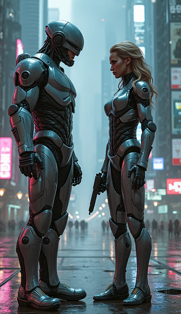 Sexual relationship between a male cyborg and a female cyborg on the roof of a skyscraper, high quality, best quality, absurdres, masterpiece, beautiful, intricate details, 1/2 body crop, slim body, beautiful figure, magnificent anatomy, (intricate details:1.12), HDR, (intricate details, hyper-detailing:1.15), (natural skin textures, hyper realisitc, soft light, Sharp:1.2), a big city in ruins, post apocalyps