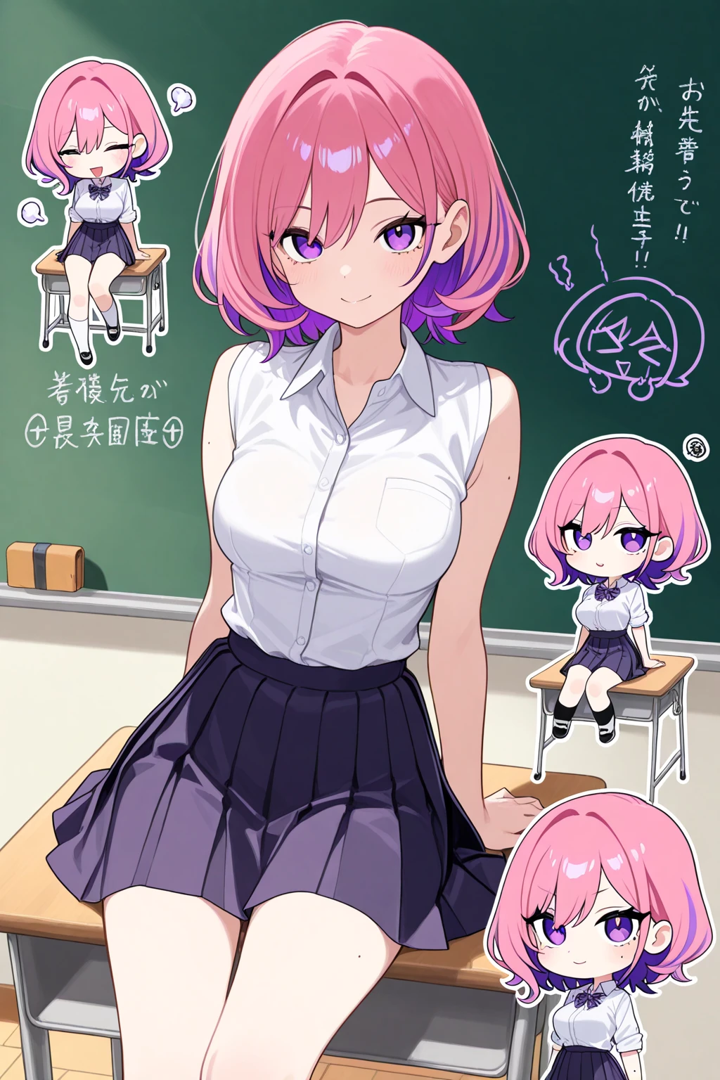 Fantasy,((Masterpiece)),((high resolution)),((Best Quality)),Anime illustration,(((1girl))),,(wavy hair),(short hair),(pale pink hair color),small ponytail,Red eyes,(Big round eyes),((tareme)),12 years old,((loli face)),((very big breasts)),Short stature,Young,,,cardigan,mini skirt,smile,Ladylike,classroom,