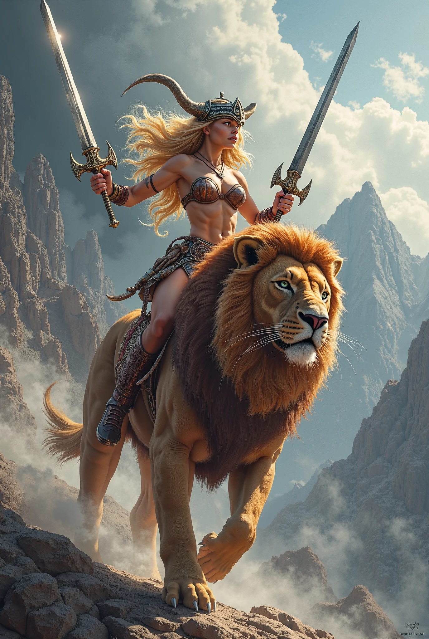Woman, blonde hair, messy hair, green eyes, animal fur loin cloth, ((caveman)) prehistoric person, Riding a Lion