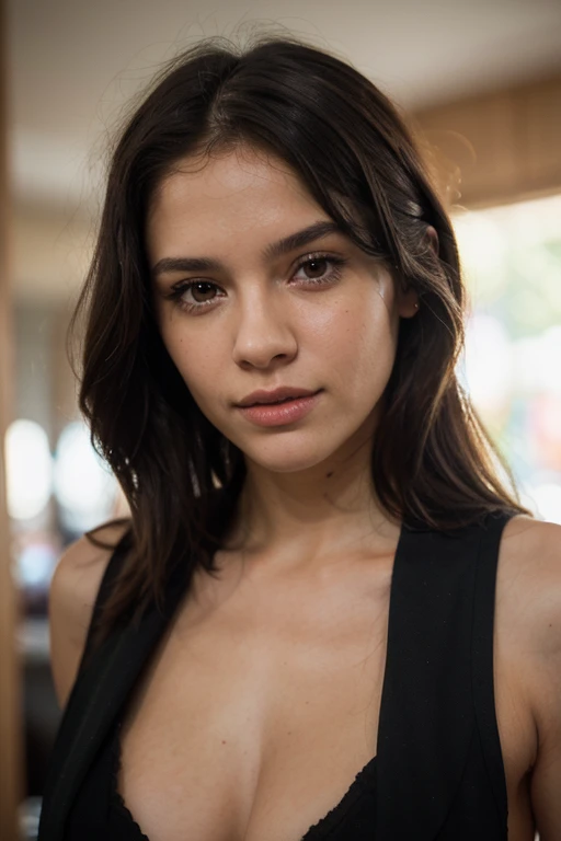 25 ans, brune, yeux marrons, delicate, professional light, flash lit, sexy, cheveux de longueur moyenne, grains de beauté, sourire romantique, Seductive look, pose coquine, bonne couverture, éclairée par les flashs des photographes, skin details, pores de la peau, visage fin, cheveux long, yeux marrons, HD, 8K, masterpiece, sourire romantique, in an post apocalyptic world, dans le desert, red sky, tow suns, sexy, with clothes made of leather and steel, sexy, chain around the body, madmax, ceinture de munitions et de grenades