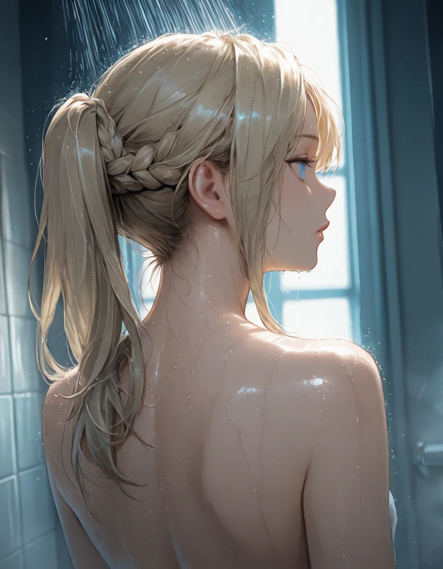 (((Masterpiece))), (((portrait))), Kujou Sara, diffused light, dynamic shadows, sharp focus, realistic, detailed, highres, absurdres, white background, no bra, photorealistic, lifelike, wet, mascara, blushing, sleeveless, youthful appearance, pee stain, white panties, (((nudist))), (((swept bangs))), (((side braided ponytails))), (((lips apart))), (((cutest))), (((hips sway))), (((bloom))), (((beside window)))