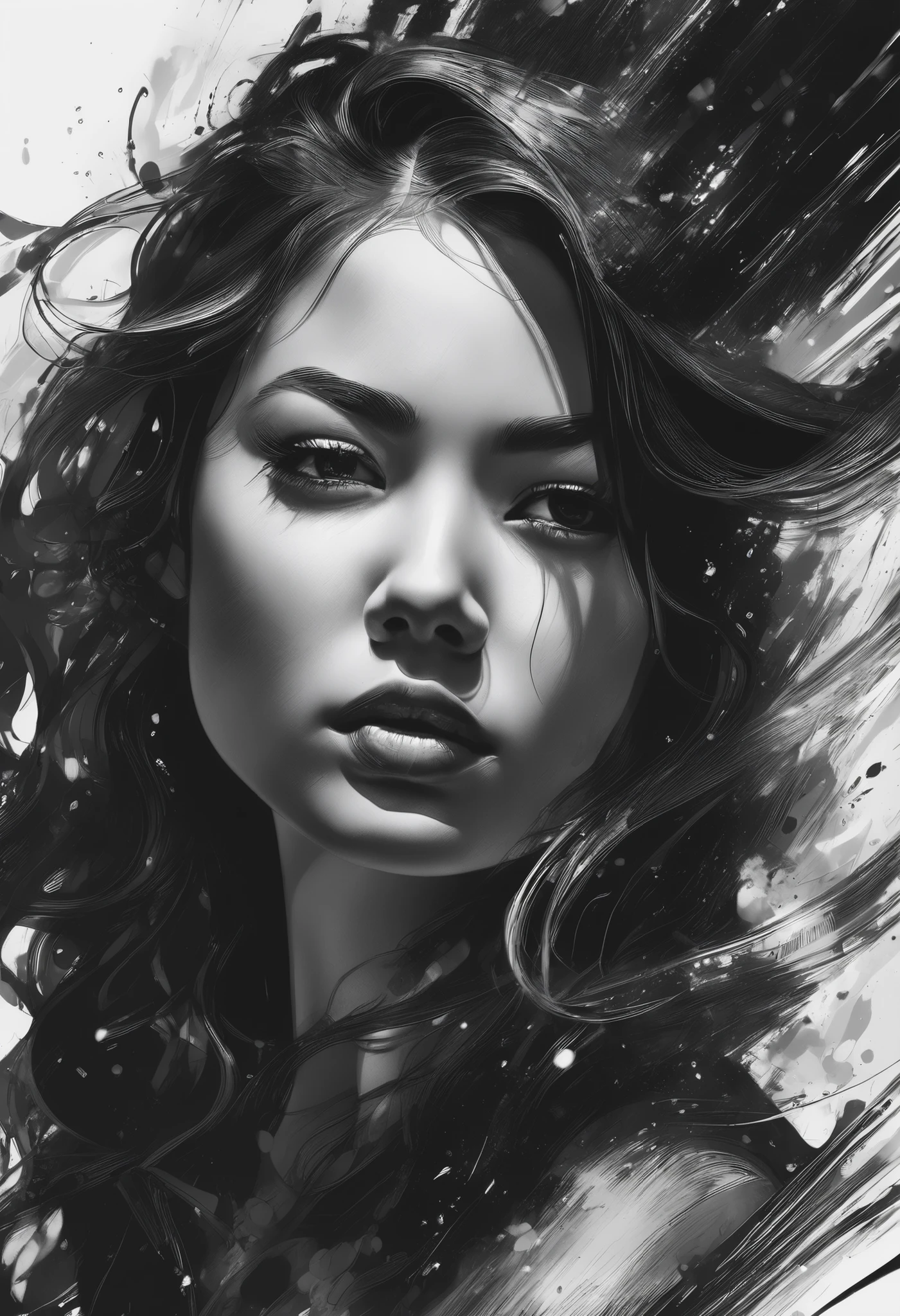 1girl, black and white ink drawing, hyperrealistic, splash art, concept art, mid shot, intricately detailed, dramatic, 2/3 face angle, best quality, ultra-detailed, high contrast, fine lines, expressive brush strokes, mesmerizing, bold composition, stunning shadows and highlights, carefully crafted lines, rich textures, dynamic movement, captivating emotion, masterful shading, striking contrast, intense focus, impeccable detailing, powerful impact, breathtakingly beautiful, breathtakingly beautiful portrait, amazing depth, exceptional precision, incredible realism, exquisite craftsmanship, remarkable intricacy, awe-inspiring skill, jaw-dropping realism, mesmerizing artwork.