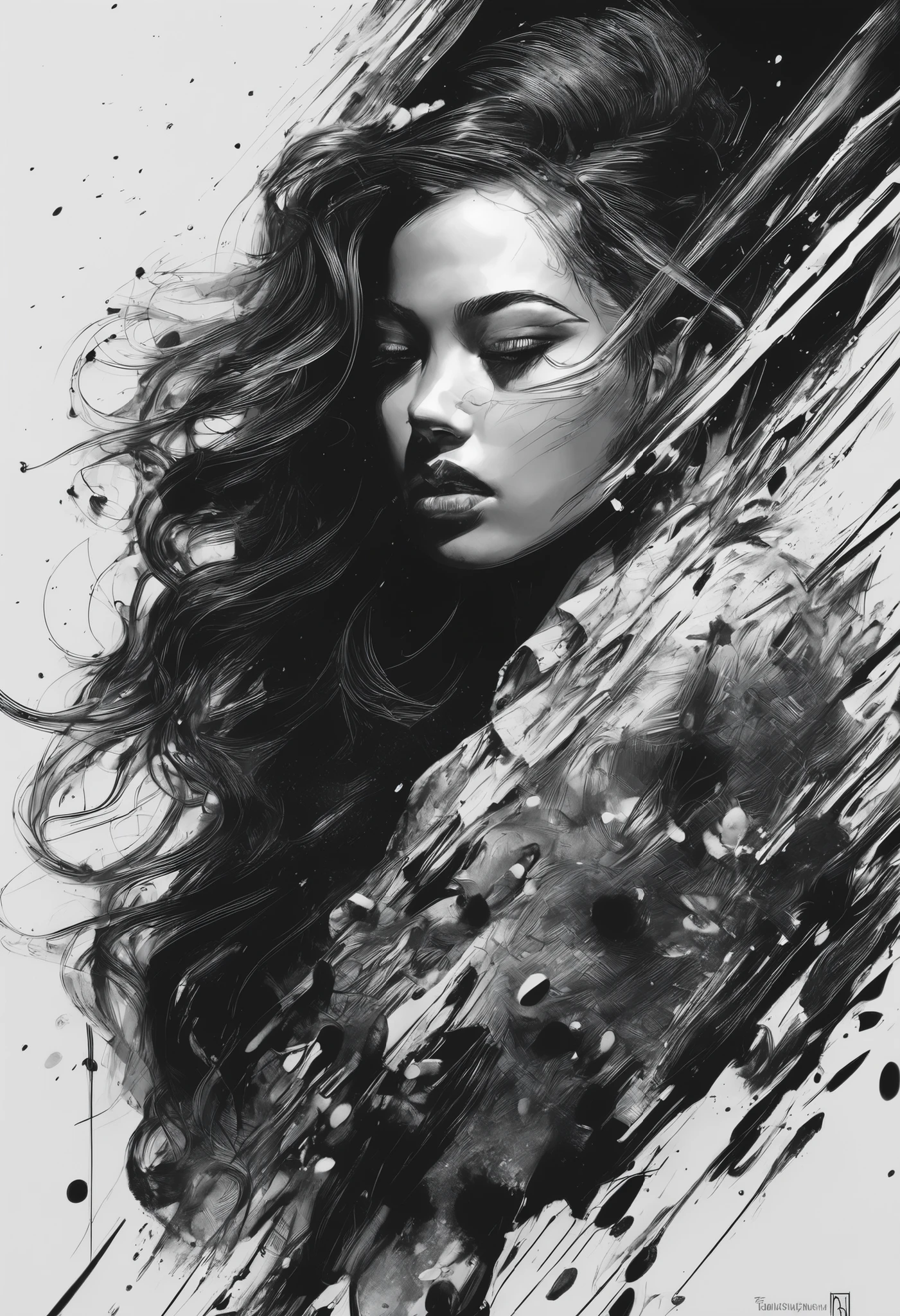 1girl, black and white ink drawing, hyperrealistic, splash art, concept art, mid shot, intricately detailed, dramatic, 2/3 face angle, best quality, ultra-detailed, high contrast, fine lines, expressive brush strokes, mesmerizing, bold composition, stunning shadows and highlights, carefully crafted lines, rich textures, dynamic movement, captivating emotion, masterful shading, striking contrast, intense focus, impeccable detailing, powerful impact, breathtakingly beautiful, breathtakingly beautiful portrait, amazing depth, exceptional precision, incredible realism, exquisite craftsmanship, remarkable intricacy, awe-inspiring skill, jaw-dropping realism, mesmerizing artwork.