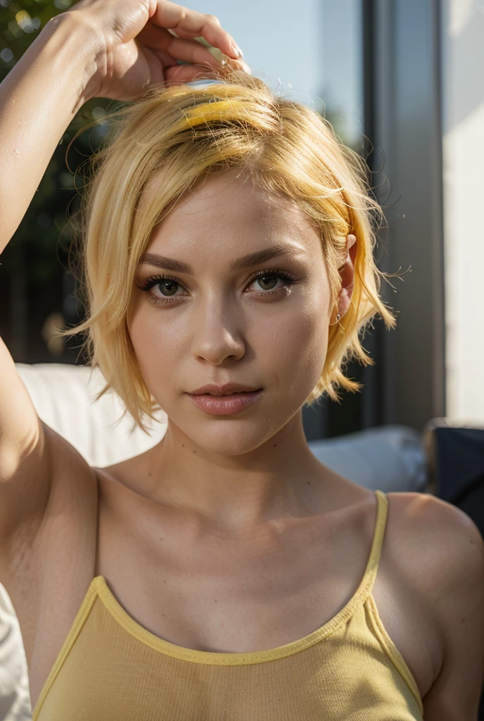 Gorgeous girl with a (golden white hair), shoulder length hair tomboy hair style , luxuriant eyes lashes ,brown lips , delicate nose and lips ,slim figure,medium breast ,(sexy),looking at camera , very detailed face ,(best quality, masterpiece ), (realistic, photo-realistic:1,37), top quality, masterpiece, a beautiful woman, (( wearing a lite yellow mini dress )), sexy , bare shoulder,realistic , beautiful patterns and designed ,beautiful and toned body, cleavage , gorgeous girl standing on the cottage -resort  , evening time photoshoot, evening atmosphere ,( seductive smiles with dimples ), (perfect body ) , full body shot, extremely detailed realistic photography (extremely detailed CG 8 k wallpaper), (an extremely delicate and beautiful), (masterpiece), (best quality:1.0), (ultra higher:1.0),  beautiful lighting ,perfect lightning, realistic shadows, [higher], detailed skin, ultra-detailed (((colorful))),high realistic, ,(super cute face) supermodel , masterpiece, best quality, high quality,(delicate eyes and lips ), random poses ,(slim figure) white skin , perfect full body shoot, Kodak photo,(full body shoot), movie style, dramatic scenes, best quality, backgrounds light tablet chair etc , blurry background   ,best quality ,masterpiece high quality HD quality 