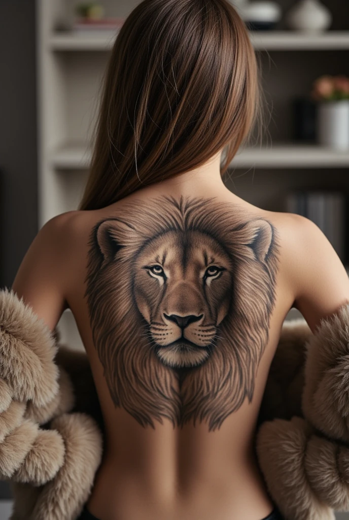 A lion tattoo on the back, not so masculine nor so feminine, something small and that matches the spine so that the lion's face can be seen.