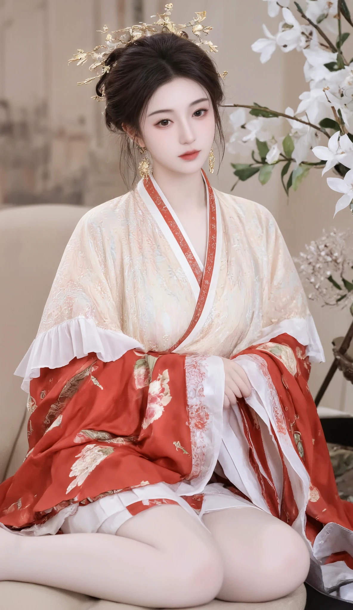 ( Masterpiece, Top Quality, best quality, Official Art, beautiful and beautiful:1.2), (1 girl:1.3), flat chest, VERY DETAILED,(Fractal Art:1.1),(flower:1.3),Highest detail,(dynamic pose), (Background:1.3), (Traditional Chinese red and white clothing:1.2), (shiny skin) ,(earrings:1.1),leg,Slim white stockings