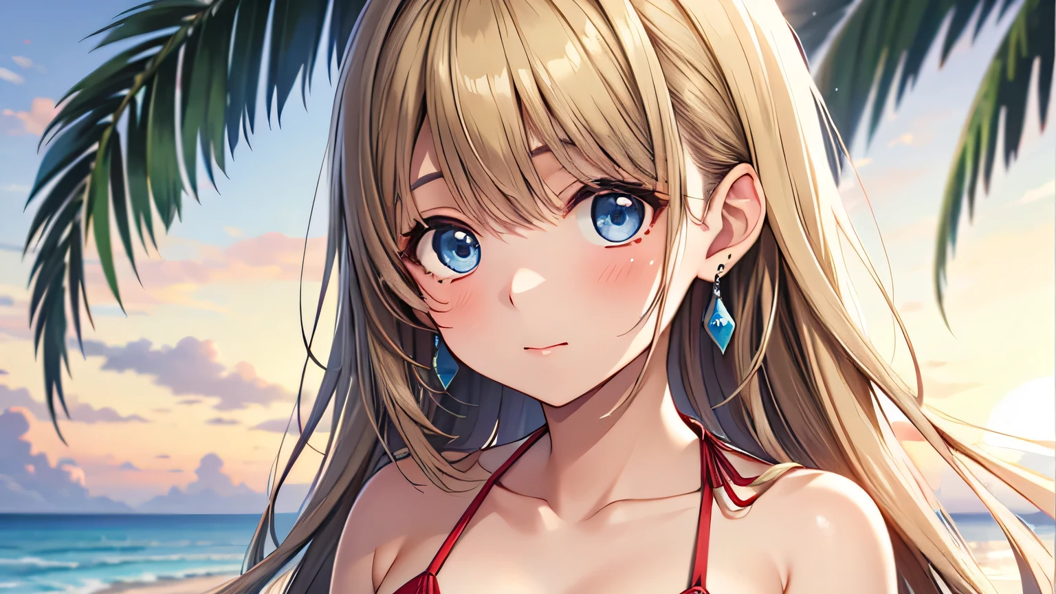Highest quality、super high quality、16K, Delicious big breasts、The expression is a smile, The only thing she was wearing was a swimsuit、The location is the beach、 Palm tree、cloud、The pose hides her breasts、 Her hair color is yellow.、Angles are random、Small face、Very delicate facial expressions、Delicate eye depiction、Highly detailed hair、Erotic、18-year-old female、Glowing Skin、Soft Skin、