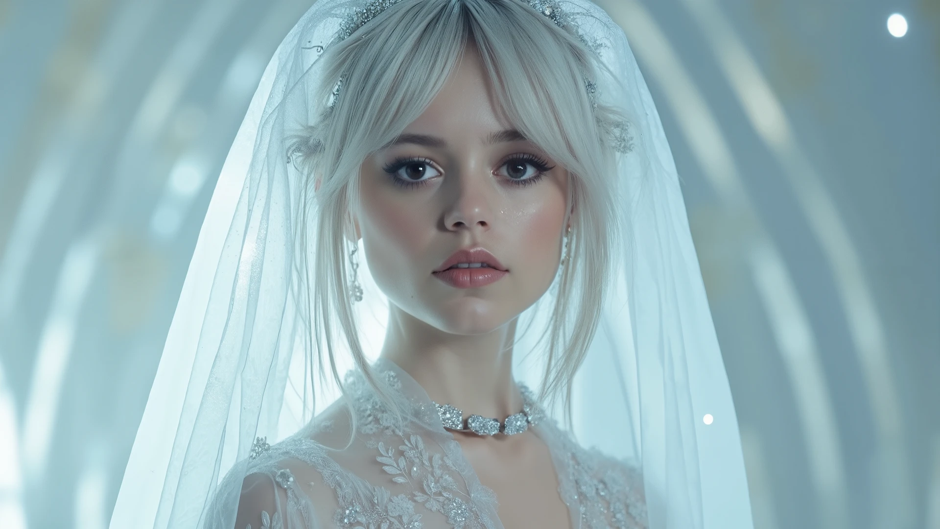 Photorealistic full-body portrait of an ethereal woman with supernatural beauty, perfect proportions and graceful movements. Platinum silver hair with frost-veil effect, fine strands that blend with light background, hair flowing in soft waves with silver shimmer and light reflection. Hypnotic eyes with molten silver color, subtle sparkling lights within the iris, mesmerizing gaze. Porcelain pale skin, almost translucent quality, delicate facial features. Mystical silver glowing lines visible beneath the skin like ritual patterns and symbolic markings that become brighter during emotional moments. Elegant standing pose, full body visible, graceful posture. Professional photography style, cinematic lighting, high detail, fantasy realism, artistic portrait, studio quality, ethereal atmosphere, magical aesthetic, soft shadows, luminous skin tones, silver color palette, mystical ambiance, high resolution, photographic realism with fantasy elements.