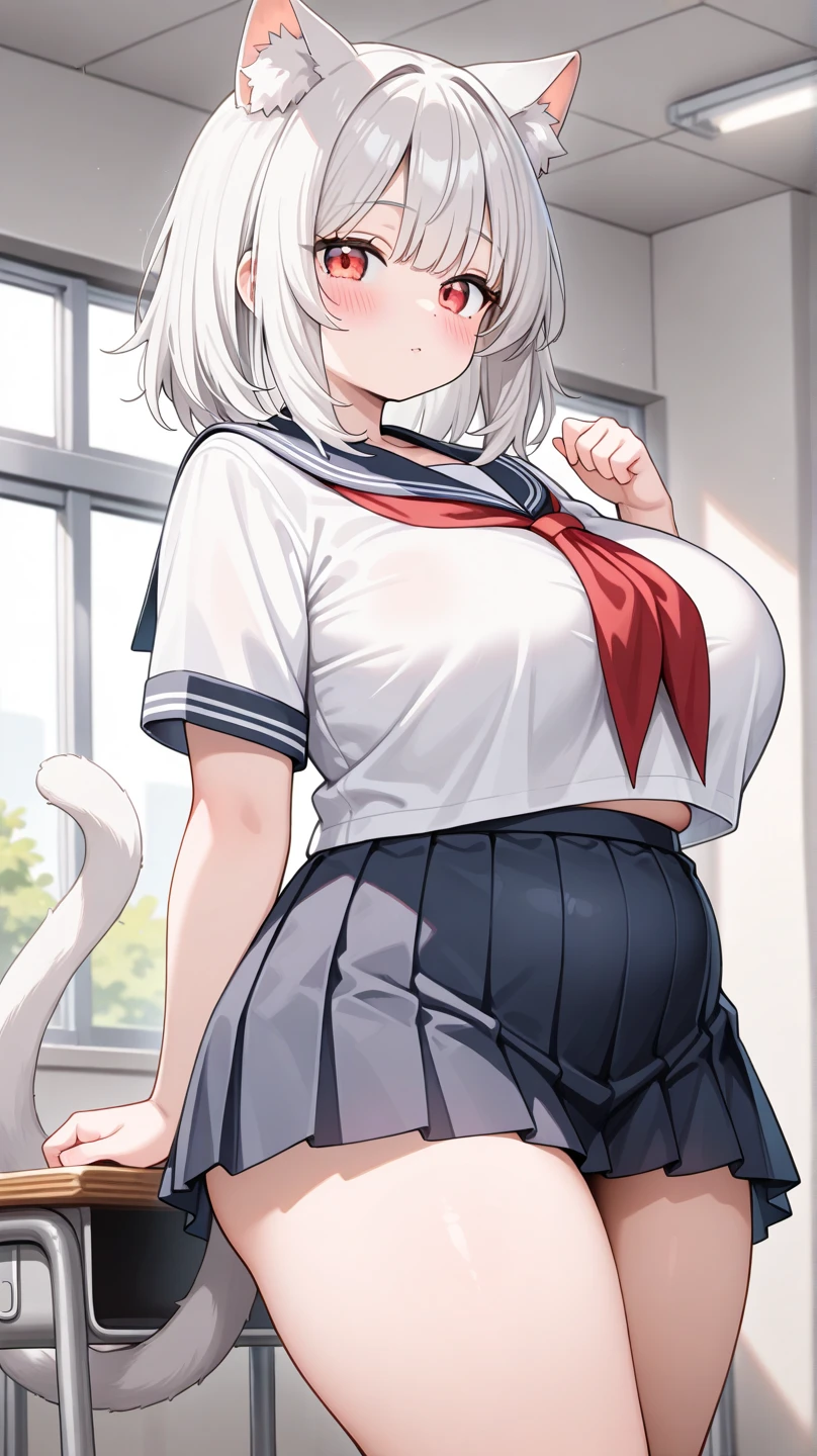 1girl,(solo),(gigantic breasts), wide hips, thick thigs,dynamic pose, school uniform, black skirt, white shirt, red necktie, thighhighs, black choker, smile, :d, white hair, purple eyes, cat ears, short hair, extremely detailed eyes, <lora:itou-life-Style_897416:1>