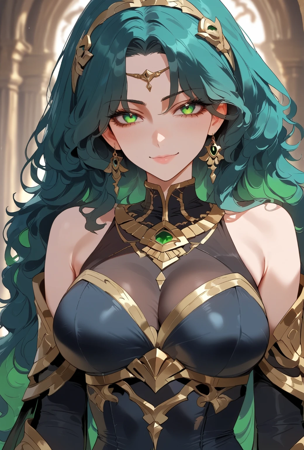 (best quality:1.2), beautiful illumination, studio lighting, masterpiece, tatsumaki, blue medieval dress, long dress, long sleeves, cleavage, castle, glowing eyes, green hair, green eyes, ((huge breasts)),perfect face,portrait,detaild dress,golden details