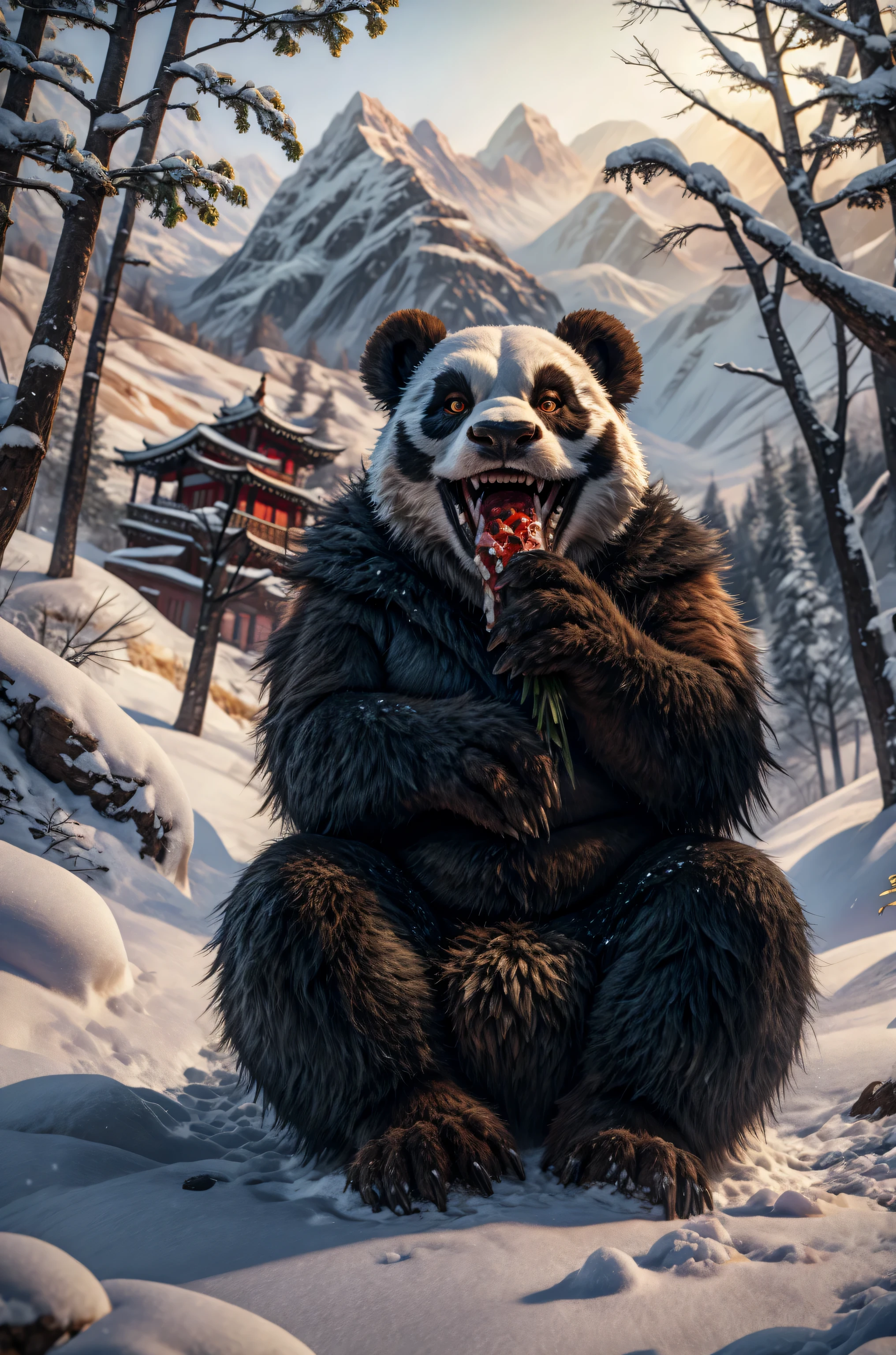 top quality、8k、Highly Detailed CG、Fur and glory. From the game, Beast Lord. Hyper-realistic. A panda living in the mountains of Sichuan Province, China. In the mountains in winter, moving through the snow-covered bamboo groves, occasionally sitting down to eat bamboo. It expresses both a cute appearance and a strong, wild expression at the same time. showing a terrifying expression, super realistic
