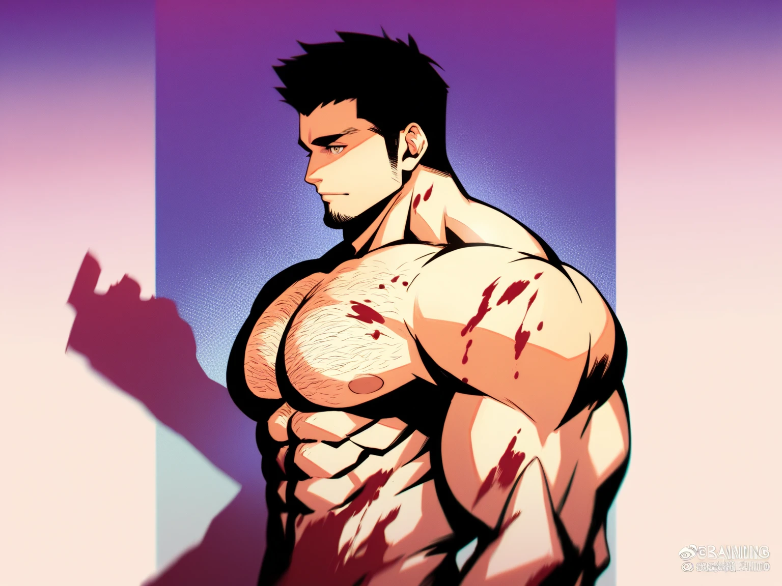 An anime bodybuilder and at his back there is a text 'vasu ' written with blood with dark cc