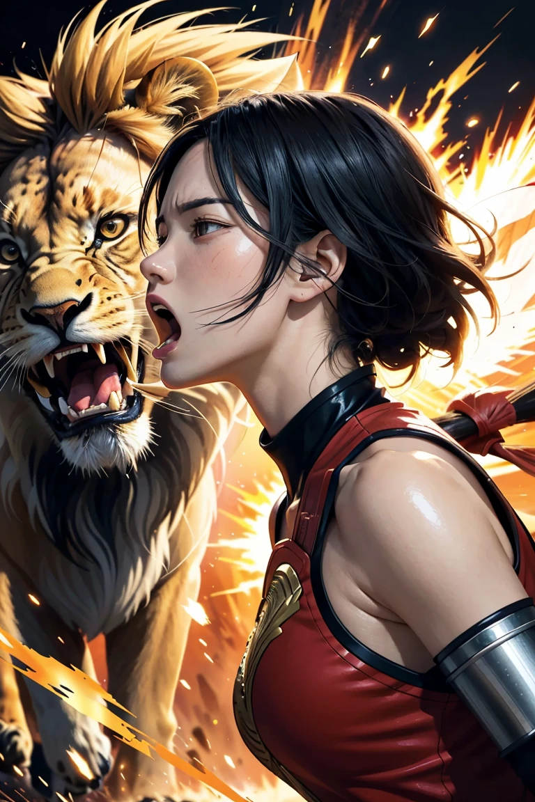 girl dressed as a magician trying to tame a robotic tiger at the circus