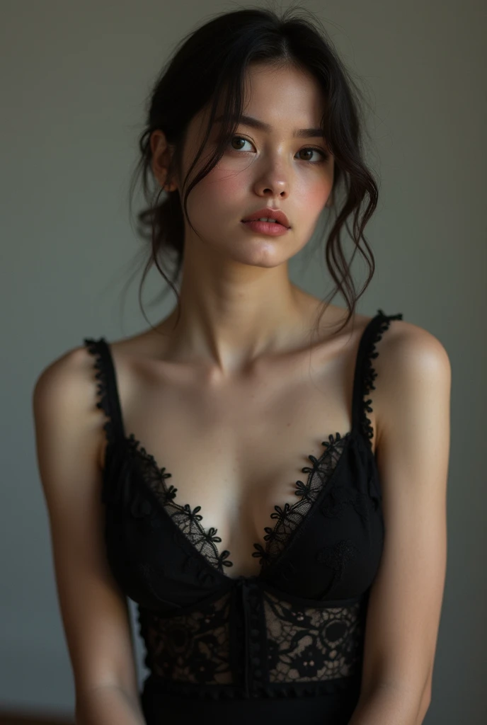 Japanese girl in black lingerie showing her breasts